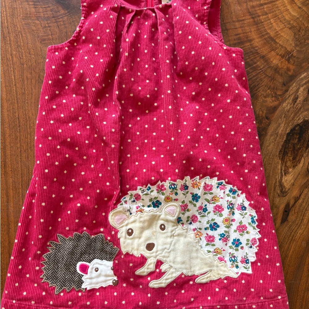 Mini Boden Pink Polka Dot Dress with Hedgehog Appliqué